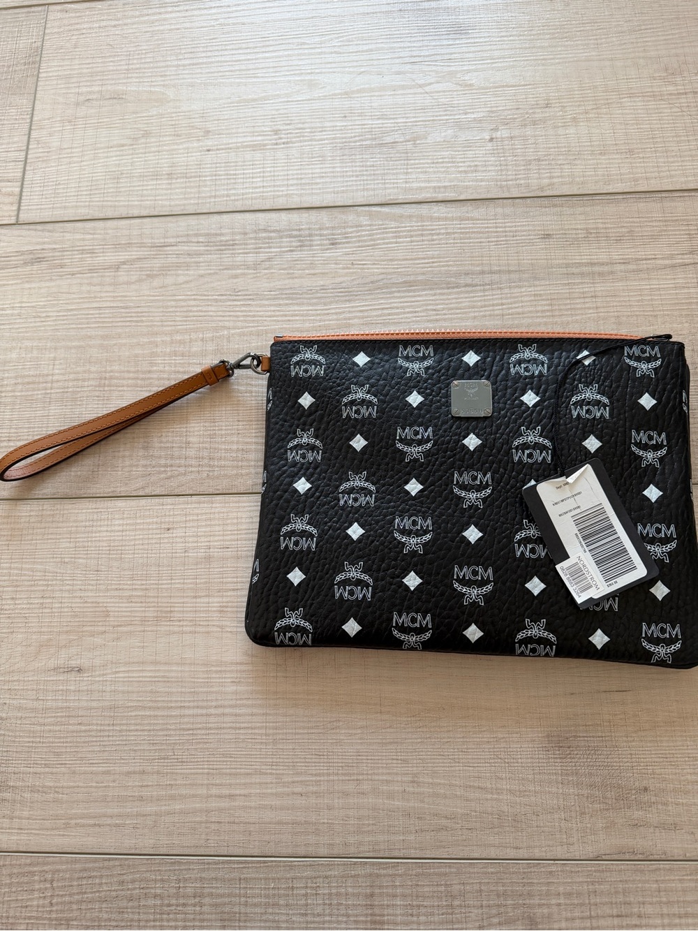 MCM Black Logo Print Leather Wristlet with Tan Strap